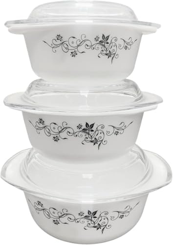 Set of 3 Opal Glass Round Casserole Dishes with Lid, , Freezer & Microwave Safe, Scratch & Thermal Shock Resistant, Easy-Grip Handles Serving Dishes (1 + 1.5 + 2.5 Litres) - Funel Black Floral