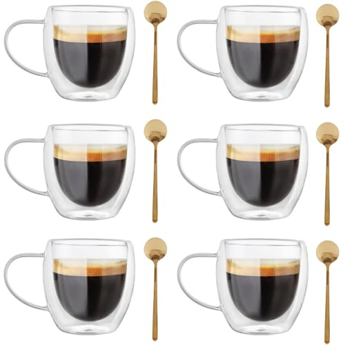 LDXDRU 6 Pack 250ml Glass Coffee Mugs, Double Walled Glass Mugs with Handle & Spoon, Clear Insulated Layer Coffee Cups for Cappuccino Espresso Tea Milk