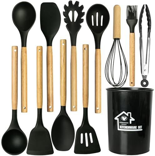 Küchenutensilien Set zum Kochen: 12 Stück Silikon Holzgriff Küchenspatel Set - Hitzebeständige Küchengeräte Werkzeuge für Nichtklebriges Kochgeschirr