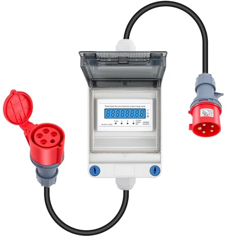 Mobiler Stromzähler, 3 Phasen Mobiler Stromzähler mit CEE Stecker und Kupplung, 32A 400V Mobiler Digitalzähler IP67 Mit Mit Rückstellfunktion, Zwischenzähler für Wohnwagen,Elektrofahrzeuge,Camping