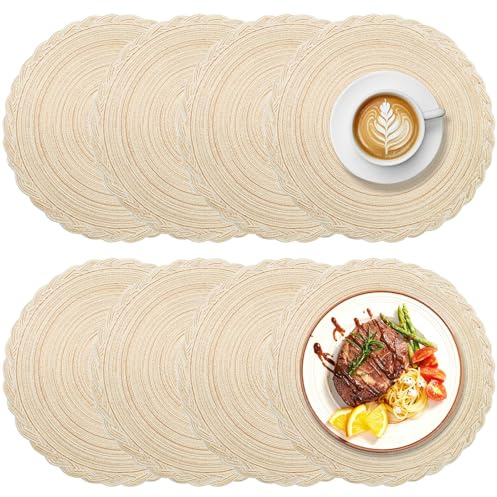 AIDUCHO 8er Set Tischset Rund Geflochten, Platzdeckchen Abwaschbar 38cm, Tischset Boho, Hitzebeständig rutschfest und Verschleißfest Platzdeckchen Rund, Schön Tischuntersetzer (Beige)