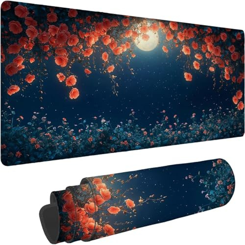 Tapis de Souris 1400 x 700 x 3mm, Grand sous Main Bureau Noir avec Base en Caoutchouc Antidérapant Surface Étanche Bords Cousus Tapis de Souris Gamer pour PC, Laser Optique Bureau Gamer Fleur xn-247