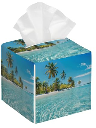 Tissue Box Cover Square Leather, Tropical Beach Islands Summer Ocean Palm Tree Picture Tissue Holder Facial Paper Organizer Dispenser for Tabletop Bathroom Tabletop Car