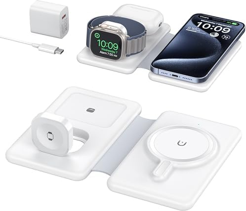 EXW Chargeur à Induction,Chargeur sans Fil 3-en-1, Mag-Safe Station de Charge Portable Pliable pour iPhone 16 15 14 13 12, pour iWatch Ultra/10/9/8/7/6/SE/5/4/3, pour AirPods Pro/2/3/4 (Blanc)