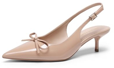 DREAM PAIRS Womens Slingback Kitten Heels, Pointed Toe 2.17 Inch Low Bow Dress Shoes All Day Wear Comfortable Formal Wedding Pumps,Size 8,Nude,SDPU26004W