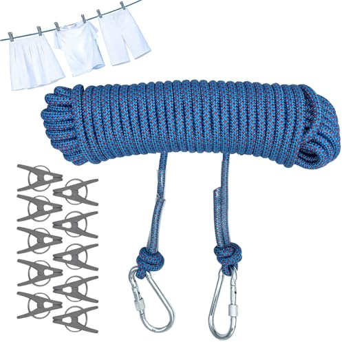 Polyester Washing Line Rope, 20m x 10mm Heavy Duty Polyester Washing Line Rope with Hooks and 10 Clips, for Outdoor, Garden, Camping