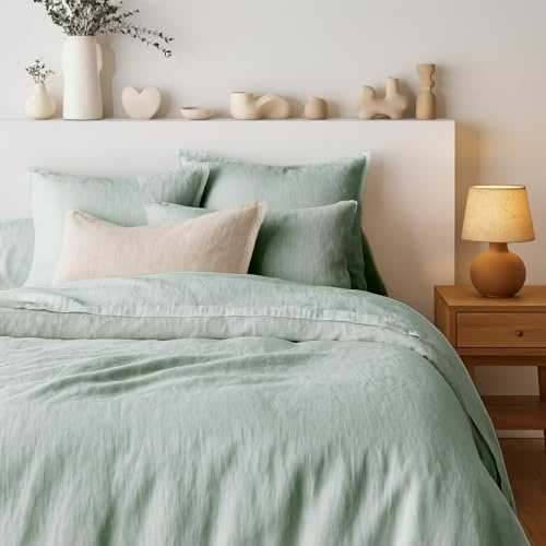 Tendance Perso - Parure de Couette 100% Pur Lin Lavé Vert de Gris – Housse de Couette 140x200 cm + 1 Taie 63x63 cm – Linge de Lit Naturel, Respirant, Literie Haut de Gamme