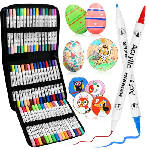 48 Acrylstifte für Steine Wasserfest Doppelspitze Acrylmarker mit Feine Spitze und Pinsel, Multimarker Acryl zum Verschiedene Oberflächen, Acrylic Paint Marker für Steine, Holz, Stoff, Leinwand, Glas