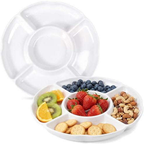 SLTAXAR 2 Stück Snackteller 5 Fächer snackschale Antipasti Servierplatte Snackteller Rund 25x3cm Melamin Weiß Snack Schalen Snackbox Rund Teller mit Unterteilung für Obst Dips Picknick Party