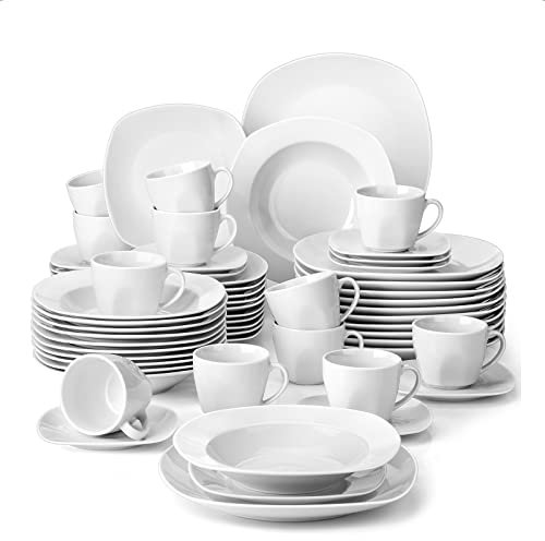 MALACASA, Serie Elisa, Servizio da Tavola in Porcellana Bianca Crema Servizio Combinato Set 60 Pezzi Con 12 Tazza di Caffè, 12 Piatti, 12 Piattini, 12 Piatti Fondi e 12 Piatti da Dessert