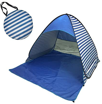 Ommda Strandmuschel Pop up Automatik Strandmuschel Sand Regendicht für Kinder und Baby UV Schutz UPF 50+ 2-3 Personen 165x150x110cm blau und Streifen