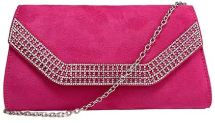 LeahWard Women's Faux Suede Leather Clutch Bag For Wedding Evening Diamante Handbags 2157 (Fuchsia)