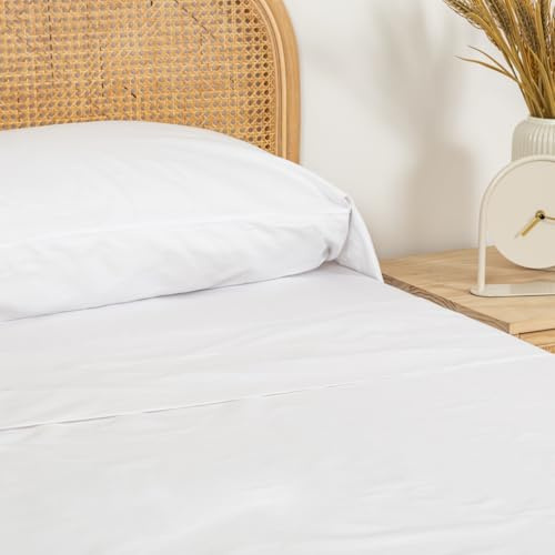 TRAMAS+ Parure de lit 100% Coton pour lit 180x190/200 cm, 4 pièces, Drap-Housse, Drap Plat et 2 taies d'oreiller 110x45 cm, Douce, Respirante et certifiée Oeko-TEX, Blanc