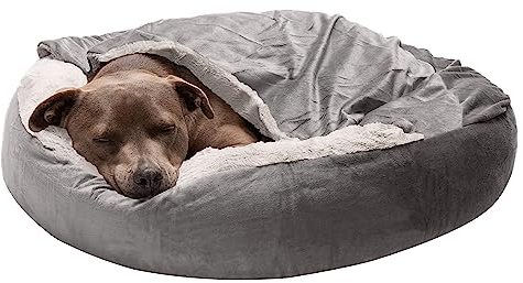Furhaven 27 Round Calming Donut Dog Bed for Medium/Small Dogs, Washable, For Dogs Up to 45 lbs - Plush Velvet Waves Hooded Donut Bed - Dark Gray, Medium