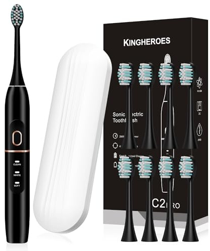 kingheroes Electric Toothbrush Set, Comes with 8 Brush Heads & Travel Case,4 Modes with 2 Minutes Built in Smart Timer, One Charge for 60 Days, 42000 VPM Motor (Black)