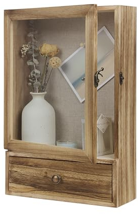 Butizone Shadow Box Frame, 3.2 Deep Shadow Box Display Case with Real Glass and Drawer, Rustic Wood Memory Box for Pictures, Flowers, Memorial, Medals, Wedding Bouquet for Wall or Tabletop, Brown