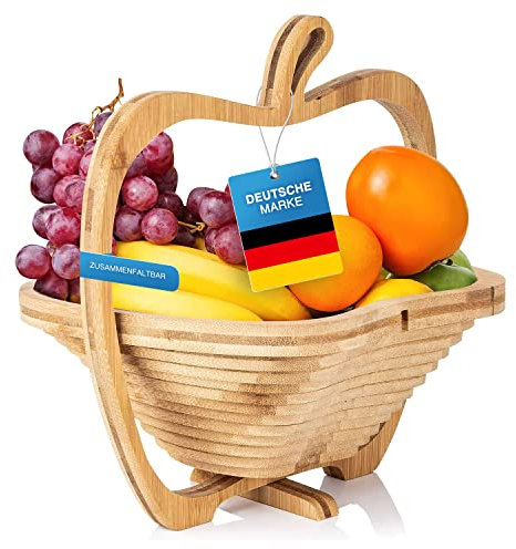 Dimono Cesta de fruta plegable de bambú, frutero, verdulero y trébede cesta plegable y tabla de cortar, 3 en 1 en bonito diseño de manzana