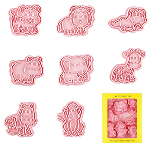 Tier Ausstecher Set, 8 Stück Wiederverwendbare Cartoon Ausstecher aus Kunststoff, Zebra, Tiger, Löwe, Elefant, Giraffe, Affe, Krokodil, Nilpferd Keksausstecher Keksstempel Backformen (Tier)