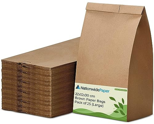 Nationwide Paper 25pcs Large Brown Paper Bags No Handles Strong Takeaway Kraft Paper Bags for Grocery, Fruits, Snacks, Lunch, Birthday, Wedding, Supplier, and Vegetables (22x12x30cm)