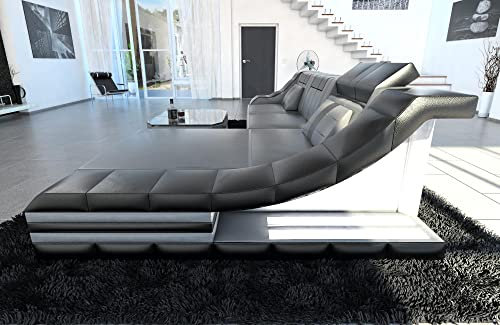 Sofa Dreams Ledersofa Turino L Form Ecksofa - mit LED Beleuchtung, verstellbare Kopfstützen, Recamiere/Lederfarben wählbar/Ausrichtung wählbar (Ottomane rechts, Grau-Schwarz)