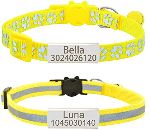 Senristar Personalisierte 2 Pack Reflektierende Katze Halsband, Benutzerdefinierte Breakaway Halsbänder Mit Namensschild und Glocke, Anti-Verlust Namensschild für Mädchen & Jungen