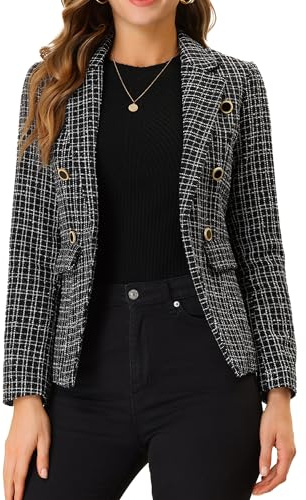 Allegra K Blazer élégant à manches longues en tweed ouvert sur le devant pour femme, noir, Small