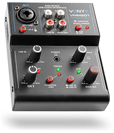 Vonyx VMM201 Mini Table de Mixage USB - 2 Canaux, Carte Son Intégrée, 1 Entrée Jack/XLR, 1 Entrée RCA, 1 Sortie RCA, 1 Sortie Casque, Alimentation Fantôme 48V, Idéal pour Animer vos Soirées