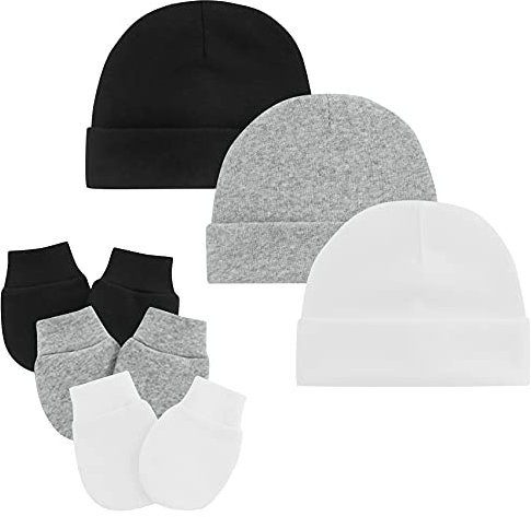 Century Star Neugeborenes Babymütze und Baby Handschuhe Set Baumwolle Beanie Unisex Mütze Baby Mädchen Jungen für 0-6 Monate 3er Set Weiß Schwarz und Grau
