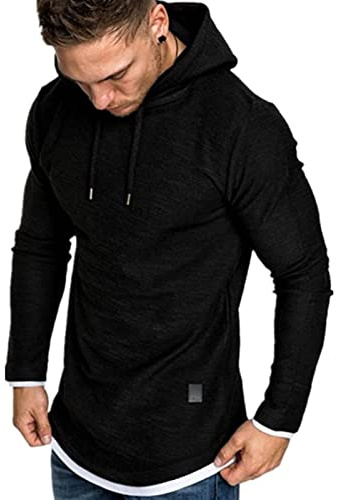Remxi Hommes T-Shirt Sports Manche Courte Sweats à Capuche Hooded Longue Sweatshirt pour Shirt Homme SolidNoir L