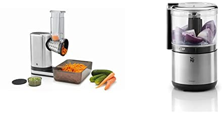 WMF KITCHENminis Salade A Emporter Hachoir Coupe Légumes 5 Plaquettes Sans BPA Carottes Râpées Emincées Choux & KITCHENminis Hachoir Electrique 0.3L Acier Inoxydable Cromargan 2 Lames Inox Bol Tritan