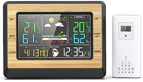 OBEST Estación Meteorológica Inalámbrica Reloj Digital Interiores Exteriores, con Sensor, 6 Pantalla LCD en Color, Temperatura/Humedad/Fase Lunar/Alarma Snooze, para Oficinas/Dormitorio