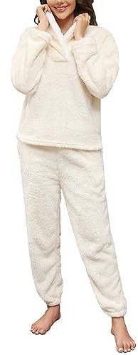 TOMEEK Set Pigiama Invernale da Donna Set da Pigiama a Maniche Lunghe in Pile da Salotto Morbido Caldo per la Casa con Felpa e Pantaloni
