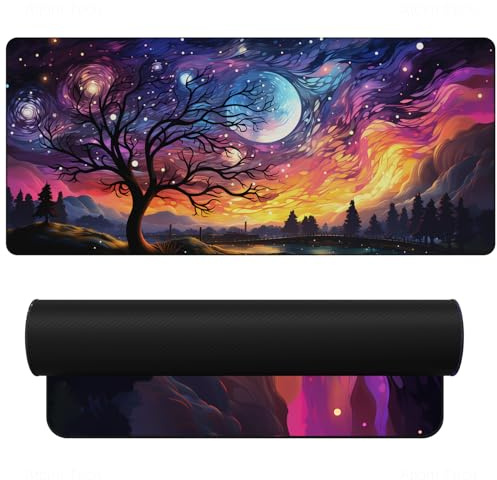 NiHome XL spelmus/tangentbordsdyna, 90 cm x 40 cm, konstnärlig heltäckande skrivbordsmatta/matta för bärbar dator, skrivbordsskyddsmatta med halkfri gummibas för hemmakontor (stjärnor och träd)