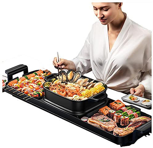 GCCSSBXF Smokeless Electric Grill with Hot Pot 2 in 1 - Multifunctional Korean BBQ Grill for 5-10 People - Non-Stick Double Pot - 2200W Indoor BBQ Hotpot