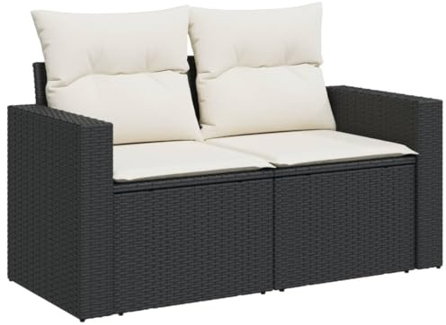 vidaXL Sofá de Jardín de 2 Plazas con Cojines, Sillón de Exterior, Sofá Modular, Asiento para Patio Terraza Balcón, Ratán Sintético Negro