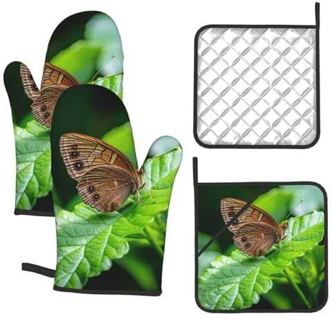 Small Brown Butterfly Print Oven Mitts and Pot Holders Set 4 Pcs Heat Resistant Kitchen Oven Gloves Potholders Extra Thicken Long Kitchen Gloves and Hot Pads for Cooking Baking Grilling