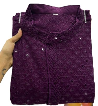 Estationeryhouse Pijama Kurta para hombre de ajuste recto en algodón (rayón) bordado pesado en la parte delantera y trasera (viene con pijama blanco), violeta, XXL