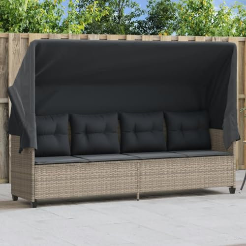 Willood Sonnenliege mit Dach und Kissen Hellgrau Poly Rattan Langlebiges Material, robust, pflegeleicht, leichtes Gewicht, einfach zu reinigen,Sitzkomfort,Abnehmbar und waschbar