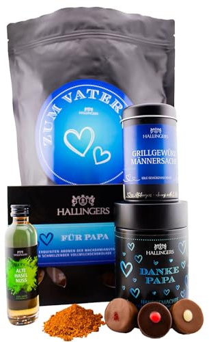 Hallingers Genuss Manufaktur Feinkost Vatertagsgeschenk-Set - XXL-Wundertüte Zum Vatertag großes Mitbringsel Haselnusslikör, Grillgewürz, Pralinen & Schokolade, Geschenkidee für Papa Opa