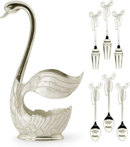 6-teilige Kaffeelöffel Besteck, Dessert Löffel Set mit dekorativen Swan Bottom Holder, Edelstahl Teelöffel Schwanenform Löffel Set für Kaffee/Dessert/Eislöffel/Kuchen (Silber 3 Löffel 3 Gabeln)