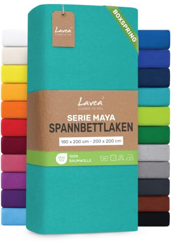 Lavea® Spannbettlaken 180-200x200 cm - für Boxspringbett – Türkis | Jersey Spannbetttuch mit 40 cm Steghöhe, 100% Baumwolle, weich, atmungsaktiv, pflegeleicht, formstabil – Perfekte Passform