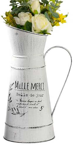 LOSYHU Shabby Chic Vintage Vase, French Farmhouse Style Galvanized Flower Vases Rustic Pitcher Vase Flower Bucket Metal Jug Vase for Garden Planter Home Decoration