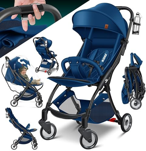 KIDIZ® Kinderwagen Premium Kinderbuggy klappbar Liegebuggy Sportwagen Faltbar 360°Räder 5-Punkt Gurt Inkl. Getränkehalter & Regenabdeckung, verstellbare Rückenlehne & Sonnenverdeck Navyblau