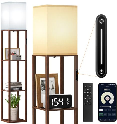 OUTON Stehlampe mit Regal Dimmbar, Stehleuchte Holz mit 4 Farbtemperatur und 1H Timer, Fernbedienung, APP und Touch Steuerung, Stehlampen mit Lampenschirm für Wohnzimmer, Schlafzimmer, Büro (Nussbaum)