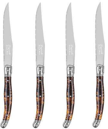 French Home Laguiole Connoisseur 4-Piece Steak Knife Set –Stainless Steel with Tortoise Shell Handles, Etched Detailing & Napoleon Bee Emblem – Serrated Knives for Smooth Cutting (9.25)