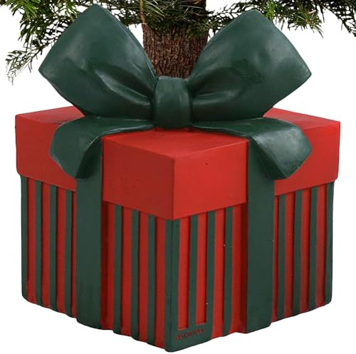 BAKAJI Base Albero di Natale a Forma di Pacco Regalo, Supporto Tronco Natalizio 36 x 36 x 47 cm, Decorazione Addobbi Natalizi Sottoalbero, Copribase Decorazioni Addobbo Natalizie (Rosso e Verde)
