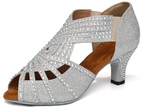 HIPPOSEUS Scarpe Argento da Ballo Latino Donna per Salsa Bachata e Serate a Ballare Tacco 6 cm, 37.5 EU