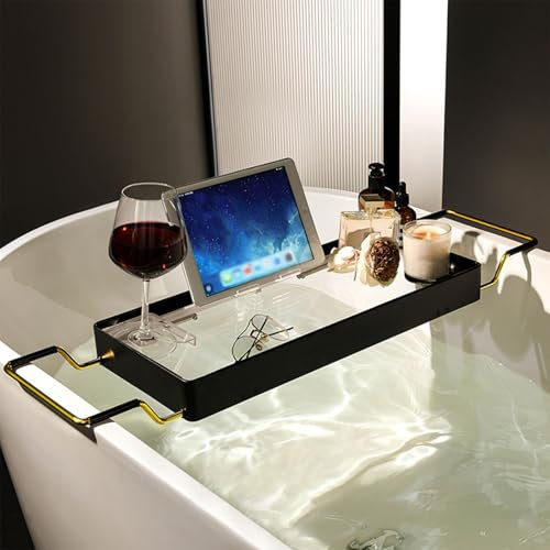 Extendable Tray Divider in Bathroom, Bathtub Against Wall Anti-Slip Bathtub Caddy Tray, Expandable Bath Tray Bath, Metal Bathtub Shelf(Black)