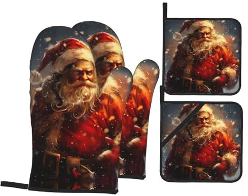 Set di 4 guanti da forno e presine con Babbo Natale, set da 4 pezzi, decorazione per la casa, cucina, regalo di Natale