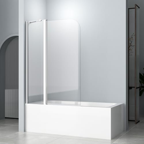 Duschwand für Badewanne 90x140cm 2-teilig mit Festglas, Badewannenaufsatz 6mm ESG Glas Beschichtung Duschtrennwand NANO einfach-Reinigung Beschichtung